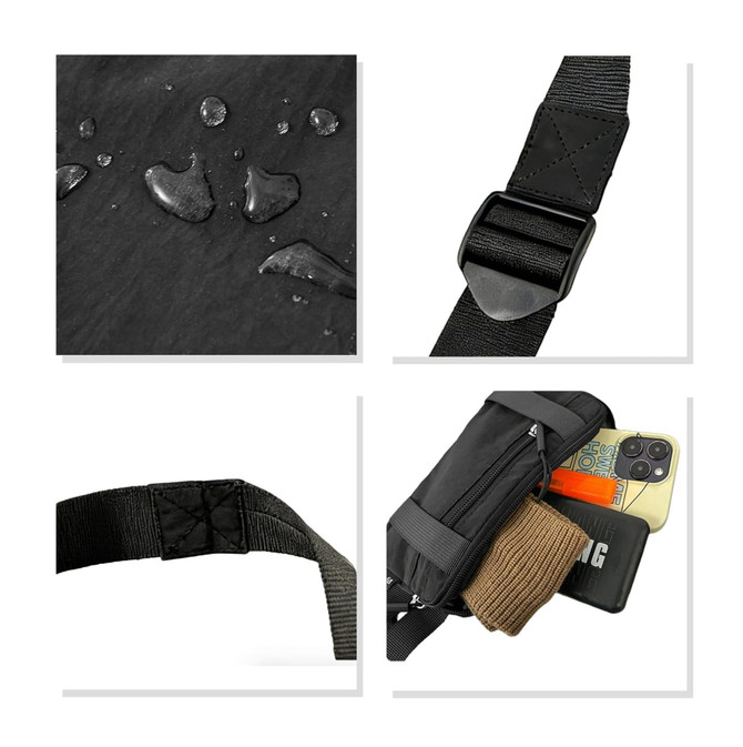 A black travel fanny pack featuring a clip buckle, waterproof material, and various pockets with visible items inside.