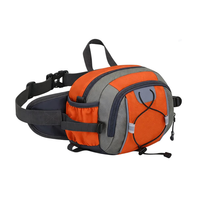A waist bag in grey and orange featuring a bottle holder, zippers, and an adjustable strap. It has a logo.