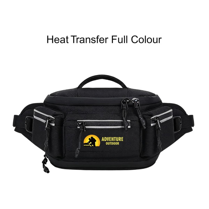 A black expandable bum bag with multiple zip pockets and a logo. Features adjustable straps for a custom fit.