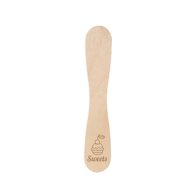 A wooden ice cream spoon stick in natural wood colour, featuring an engraved design and logo.