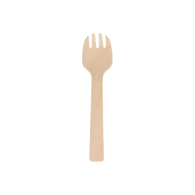 A small disposable birch fork in natural wood colour, featuring three prongs and a long handle.