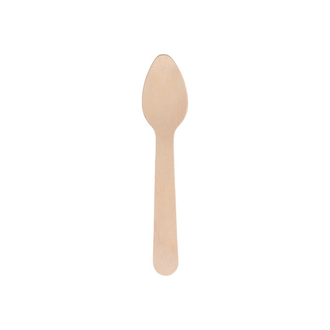 A small disposable birch spoon in a light beige colour, featuring a smooth, rounded design.