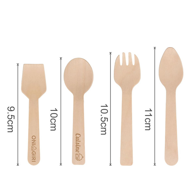A pack of 100 disposable birch spoons and forks in natural wood colour, featuring different utensil shapes and sizes.