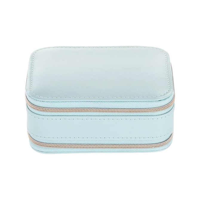 A light blue PU leather jewellery case with a zipped closure. It features a smooth surface and has a mirror inside.