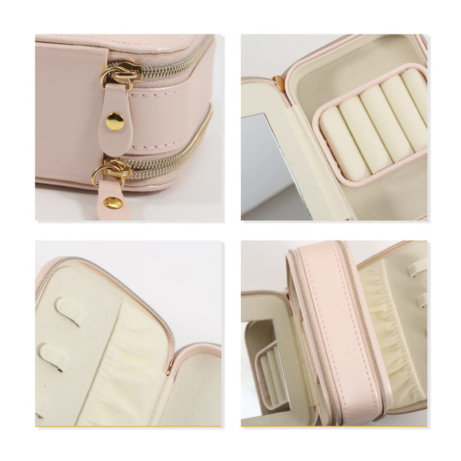 A pink PU leather jewellery case featuring a mirror, zip closure, and multiple compartments for organised storage.