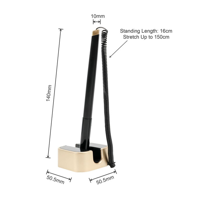 A fixed signature pen in black with a gold base, featuring a retractable cord measuring up to 150cm.