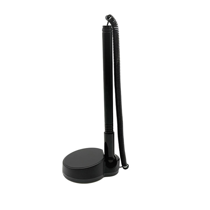 A black fixed signature pen with a coiled cord attached to a round base.