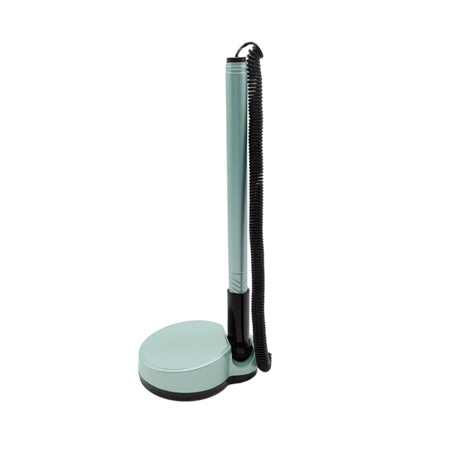 A mint green fixed signature pen with a coiled cord and a wide black base, featuring a logo.
