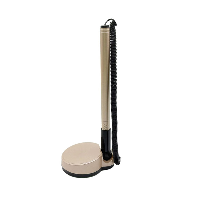 A fixed signature pen with a beige barrel and a black base, featuring a coiled cord for convenience.