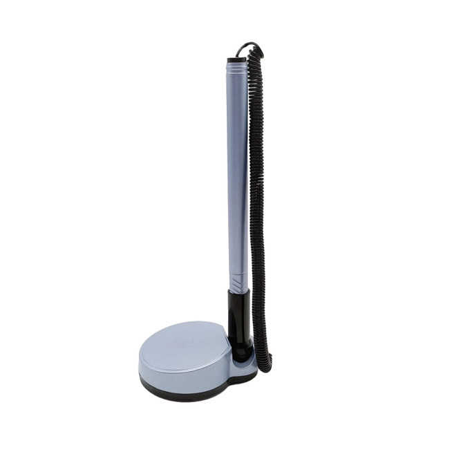A fixed signature pen with a silver barrel and a black base, featuring a coiled cord attached to the top.