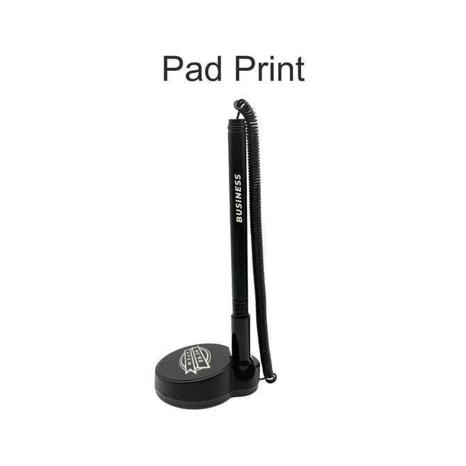 A black fixed signature pen with a coiled cord attached to a round base. The base has a logo.