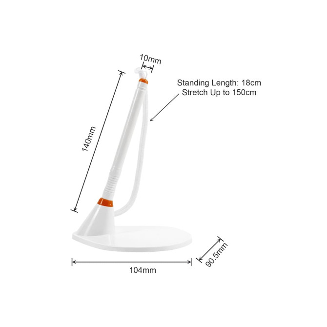 A white countertop pen holder with an orange accent, featuring a flexible arm and measurements displayed.