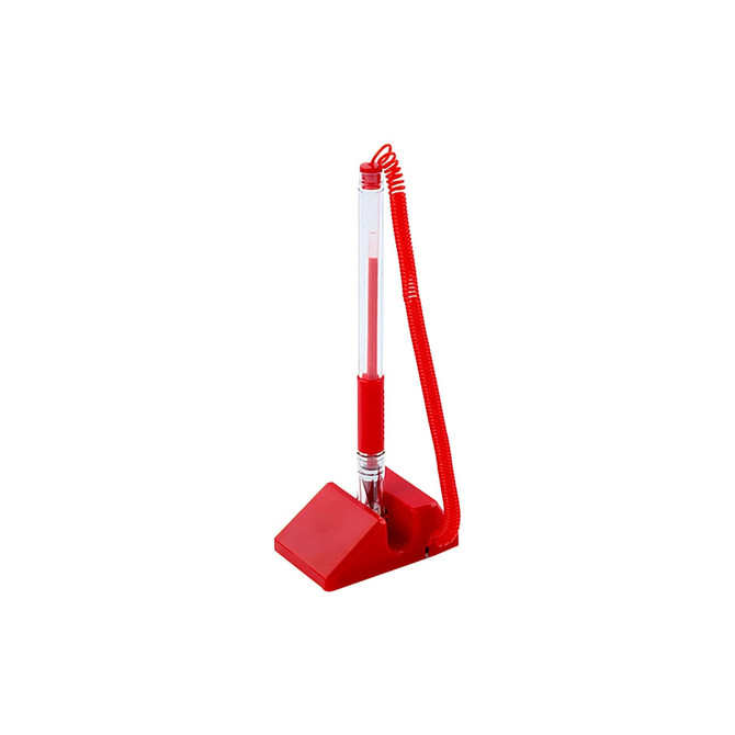 A red fixed signature pen with a coiled connector, mounted on a triangular base.