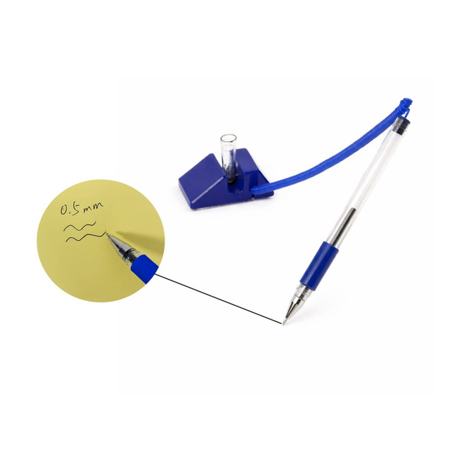 A blue fixed signature pen with a triangular base and a document holder, attached by a flexible cord.