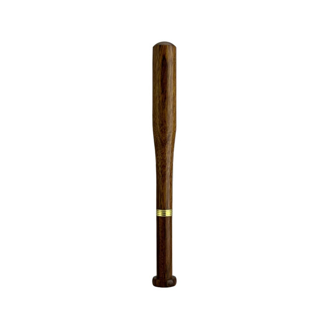 A brown baseball bat-shaped pen with a gold band near the base and a logo on its surface.