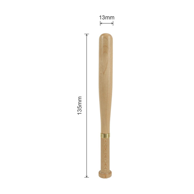 A baseball bat-shaped pen in wood finish, measuring 135mm in length and 13mm in diameter, featuring a logo.
