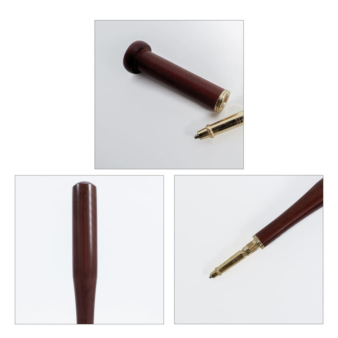 A baseball bat-shaped pen in deep brown with a gold-coloured tip, featuring a logo on its design.