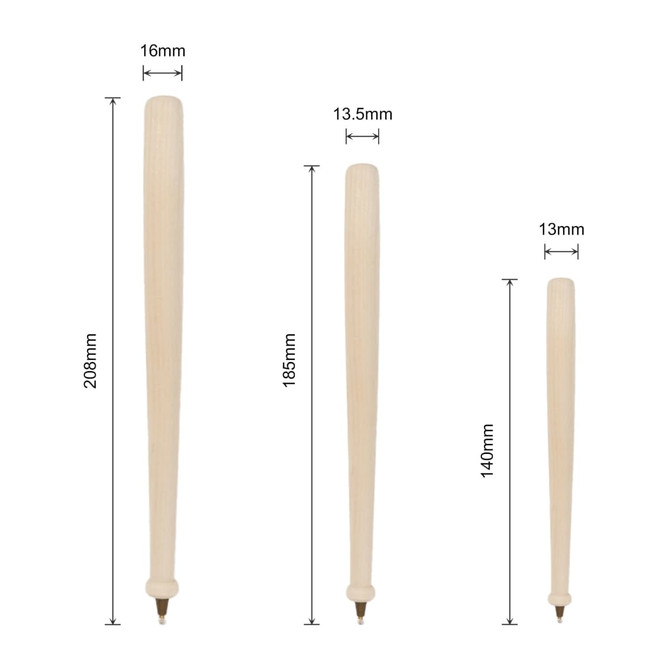 A wooden baseball bat-shaped pen in a light colour, with three size variations and a logo on the side.