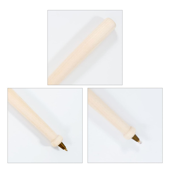 A wooden baseball bat-shaped pen with a light wood finish and a gold-toned pen tip. Features a logo.