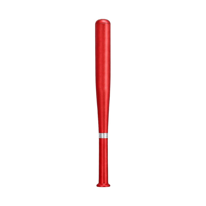 A red plastic pen shaped like a baseball bat, featuring a silver band near the base and a logo at the bottom.