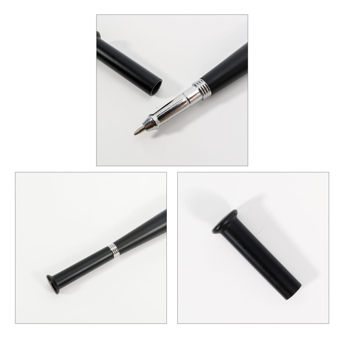 A black plastic pen shaped like a baseball bat, featuring a silver band near the tip and a logo on the side.