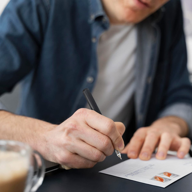 A person writing with a black pen on a postcard while seated at a table with a coffee cup nearby.
