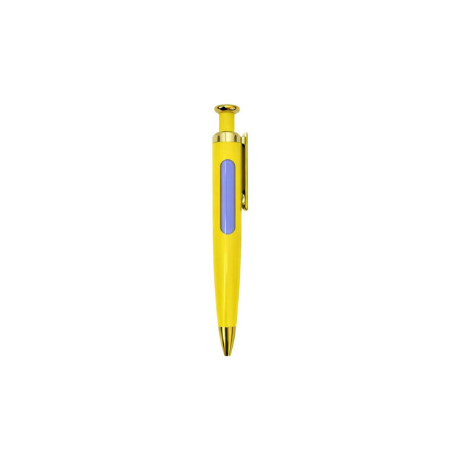 A yellow and purple pen with a rocket-shaped top and a clip. Features a branding logo.