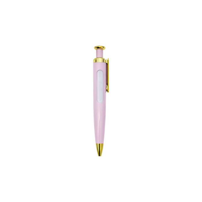 A pink pen with a gold clip and tip, featuring a clear section for spinning messages. It has a logo on the clip.