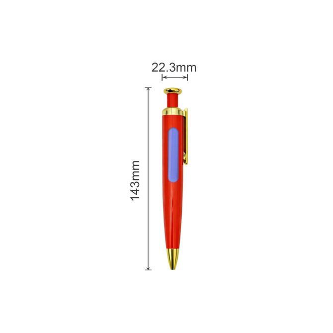 A red rocket-shaped pen with a gold tip and a blue transparent section. It includes a clip for attachment.