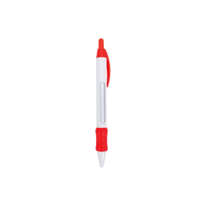 A pen with a white barrel, red accents, and a section for rotating messages. Features a logo on the side.