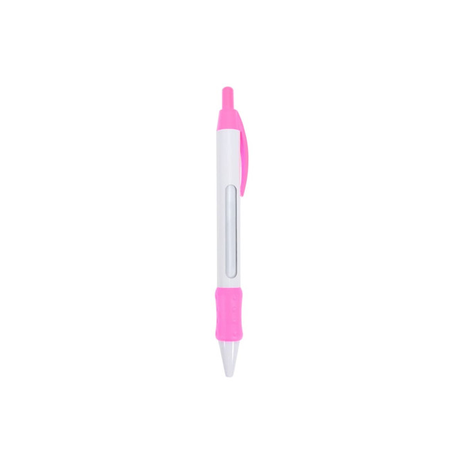 A pen with a white barrel and bright pink grip and clip, featuring a transparent window.