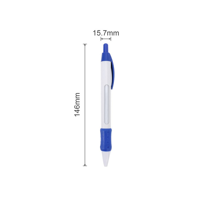 A blue and white pen featuring a transparent window and a clip design. It has a rounded end and rubber grip.