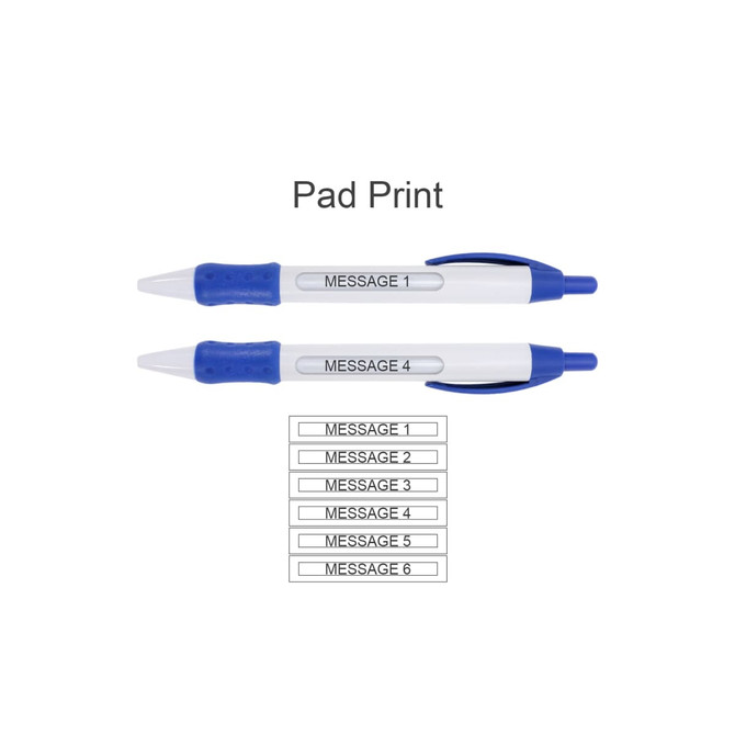 A blue and white pen featuring a window displaying multiple messages, with a textured grip for comfort.