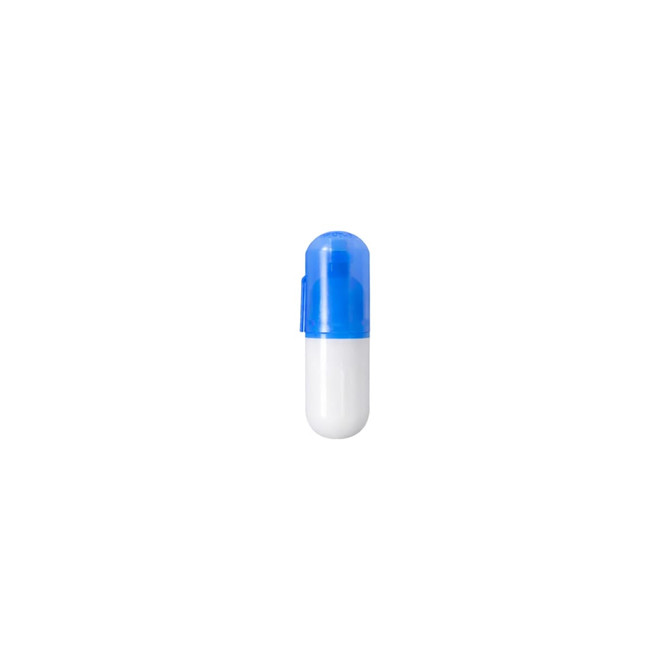 A capsule-shaped highlighter set featuring a blue cap and white body. Includes a logo on the surface.