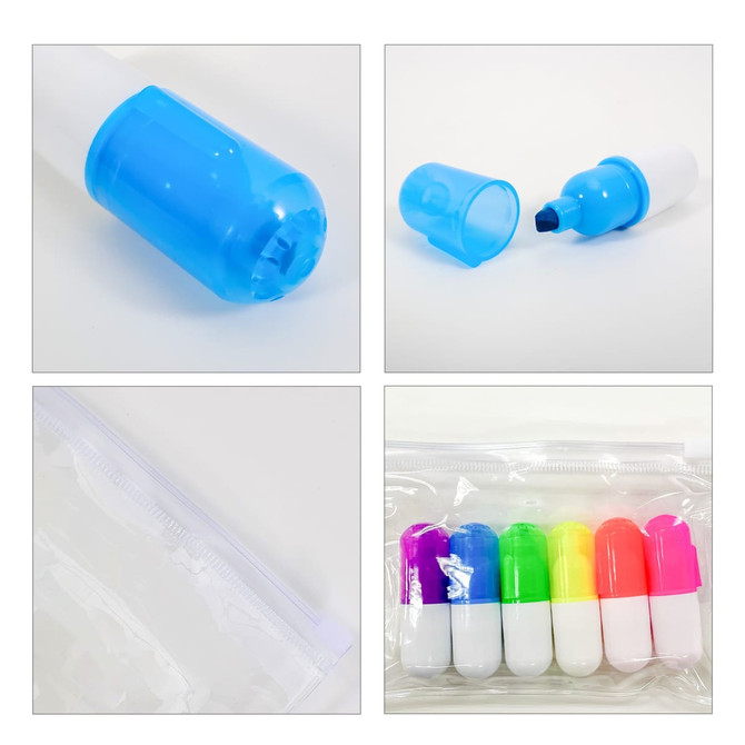 A set of capsule highlighters in vibrant colours: pink, purple, green, blue, and yellow, displayed in a clear pouch.