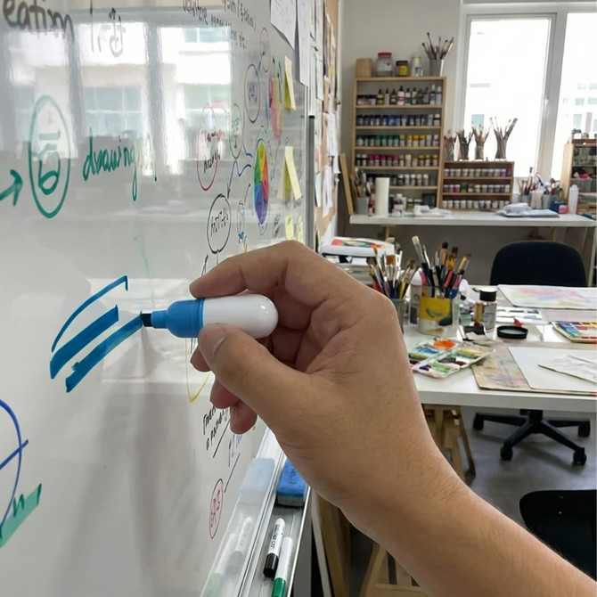 A hand holding a blue highlighter marks a whiteboard, with art supplies and a creative workspace in the background.