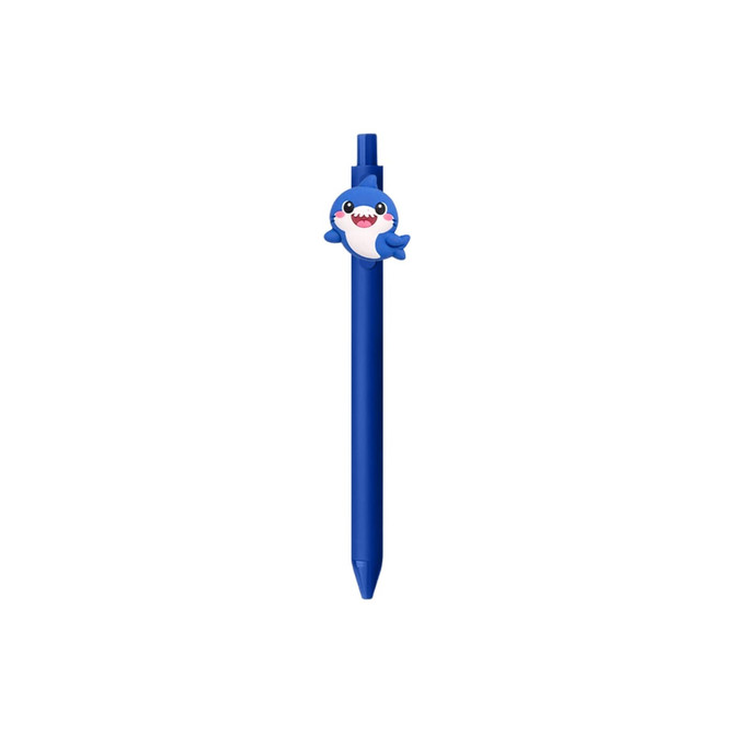 A blue pen with a shark-shaped top and a logo on the barrel.