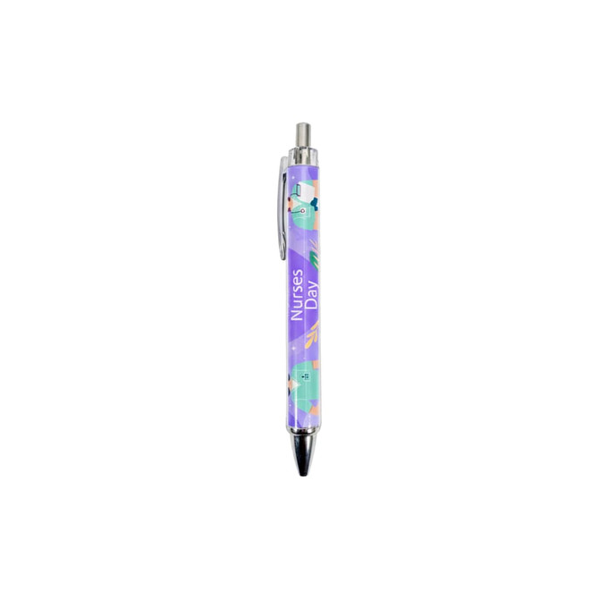 A ballpoint pen with a purple design featuring a nursing theme and a silver clip. It has a logo on the barrel.