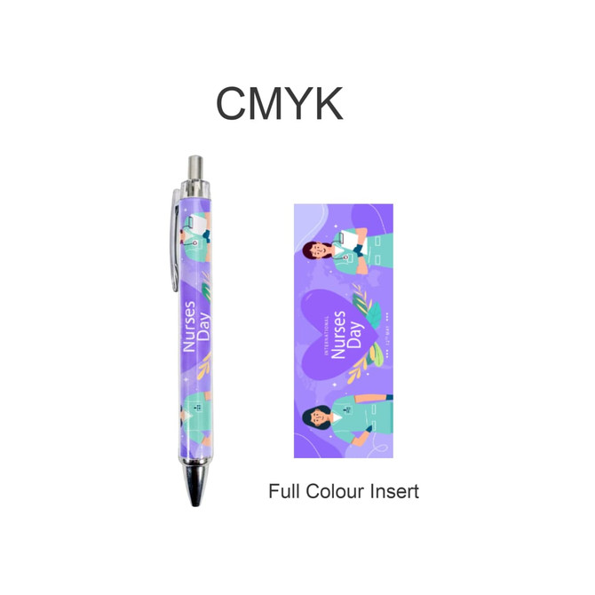 A ballpoint pen with a purple design featuring healthcare illustrations and a full colour insert.