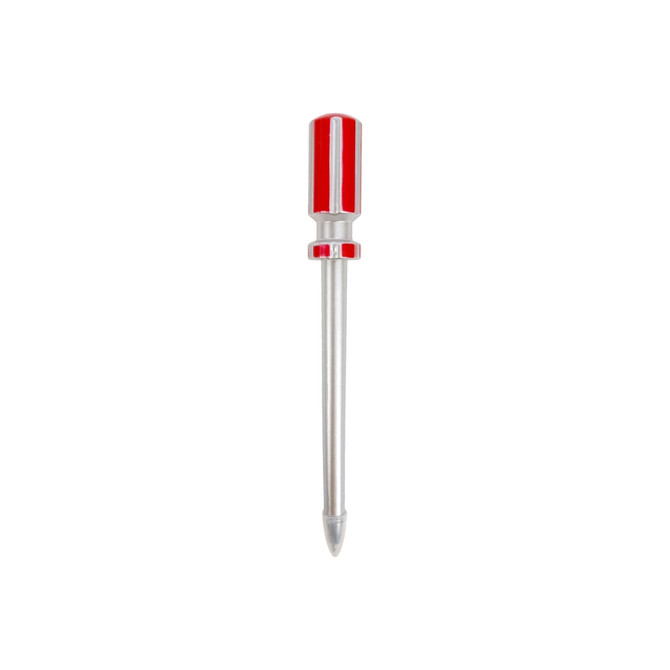 A screwdriver-shaped ballpoint pen in red and silver, featuring a metallic finish. It has a logo on the side.