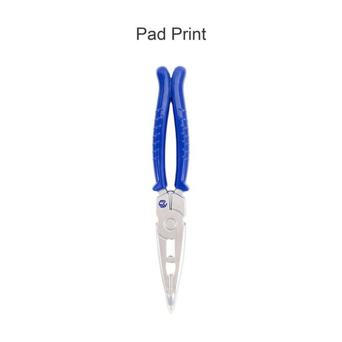 A plier-shaped ballpoint pen with blue rubber grips and a silver metallic body, featuring a logo.