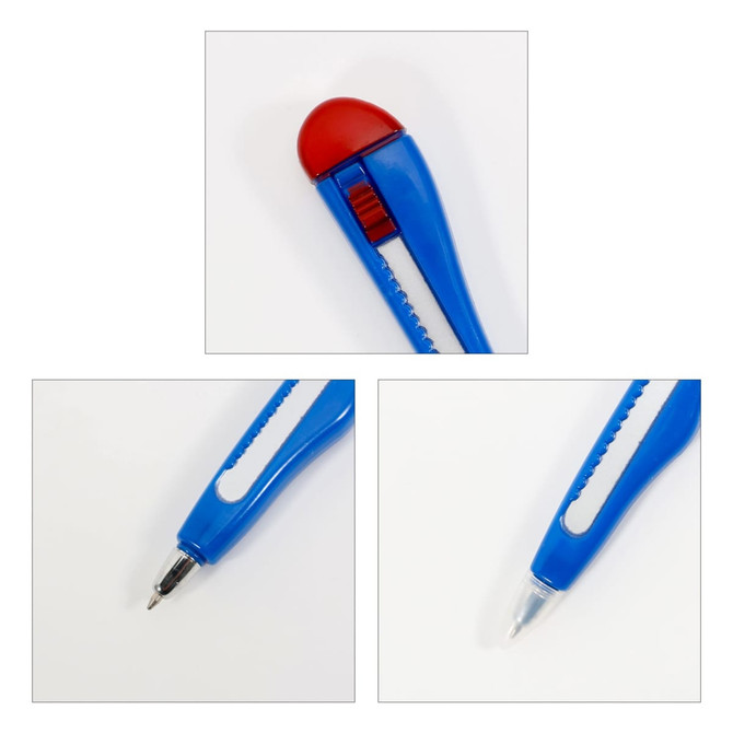 A blue pen shaped like a knife, featuring a red cap and silver accents, with a logo visible.