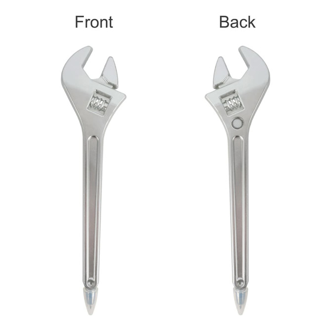 A spanner-shaped ballpoint pen in silver with a front and back view. It features a logo.