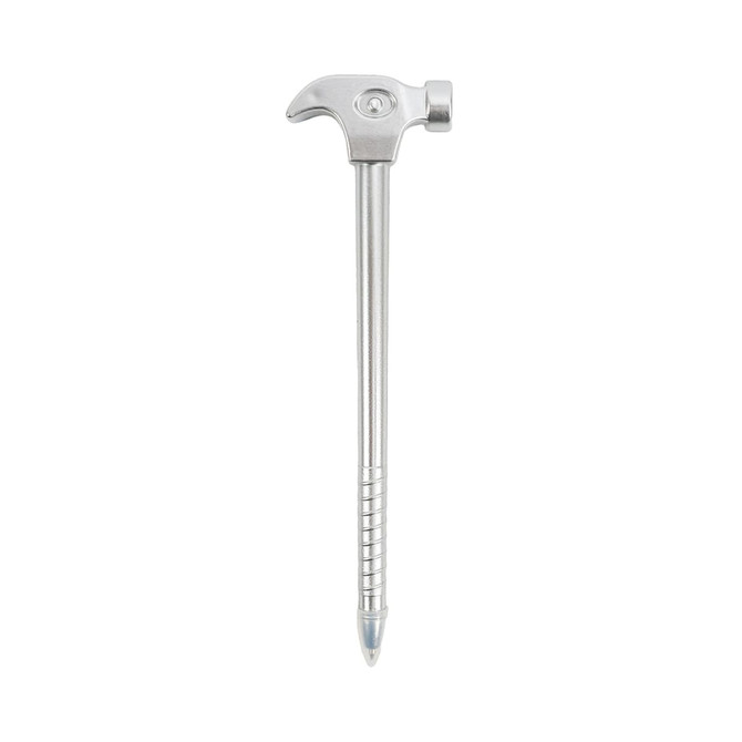 A hammer-shaped ballpoint pen in silver, resembling a tool with a detailed handle and a pen tip.