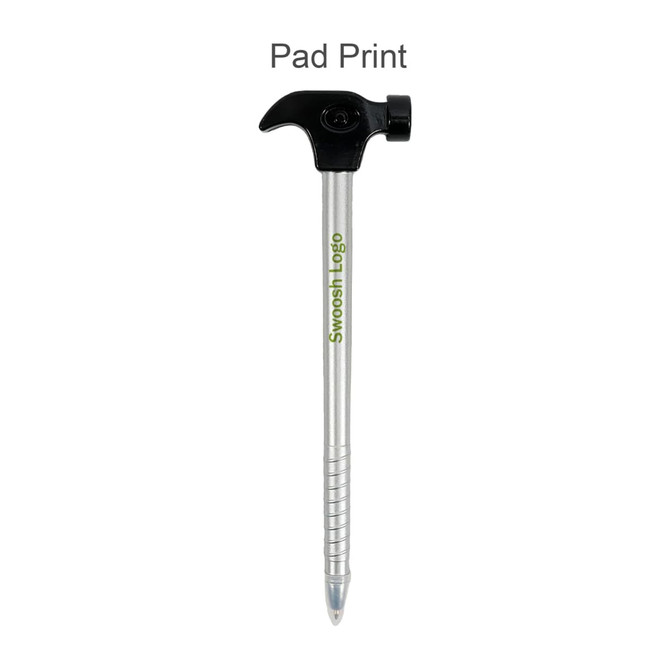 A hammer-shaped ballpoint pen with a silver barrel and a black top, featuring a logo.