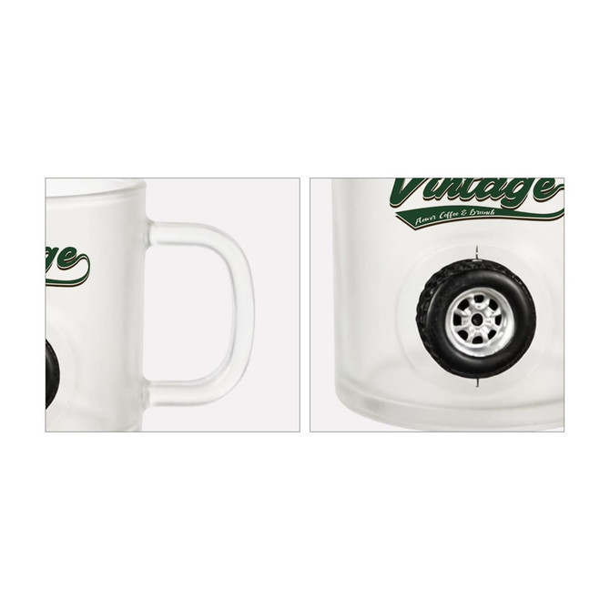 A frosted glass mug with a clear handle and a custom spinner toy attached, featuring a tyre design.