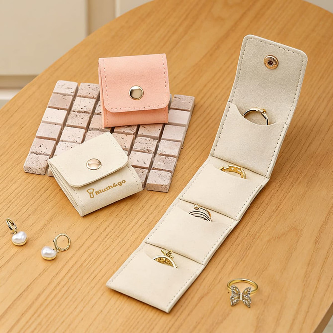 A mini synthetic leather jewellery bag in beige and peach, displaying compartments for rings and earrings.