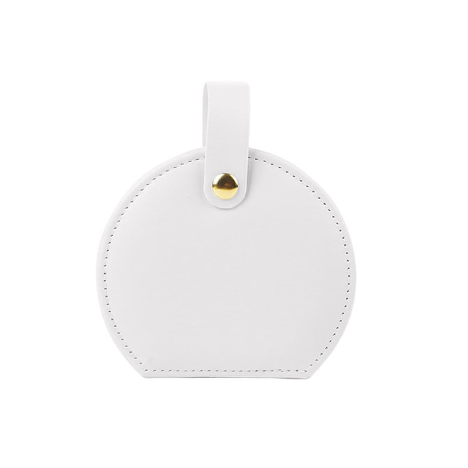 A round white PU leather jewellery box with a gold snap closure and a flat handle. It has an embossed logo.
