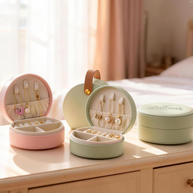 A small portable PU leather jewellery box in pink and green, featuring multiple compartments for organising jewellery.