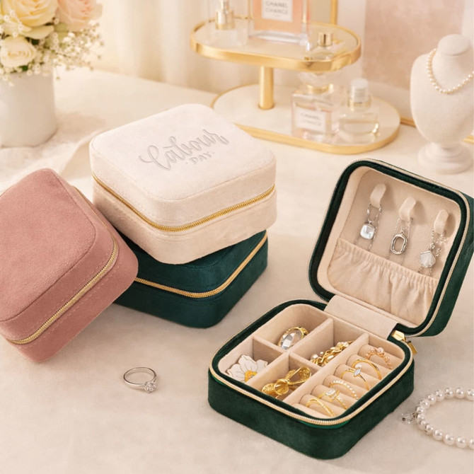 A velvet jewellery organiser in pink, green, and cream with compartments for rings and earrings. It features a logo.
